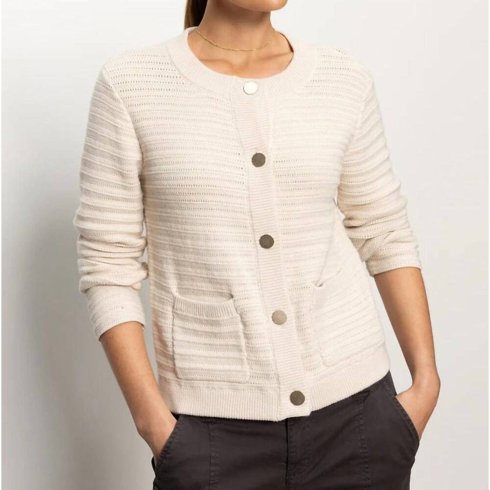 Sanctuary Cream Pointelle Chunky Knit Cardigan Gold Button Sweater Jacket - Med